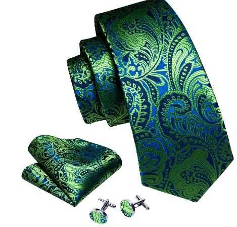 Nowy ZESTAW JEDWABNY Krawat Poszetka Spinki niebieski zielony