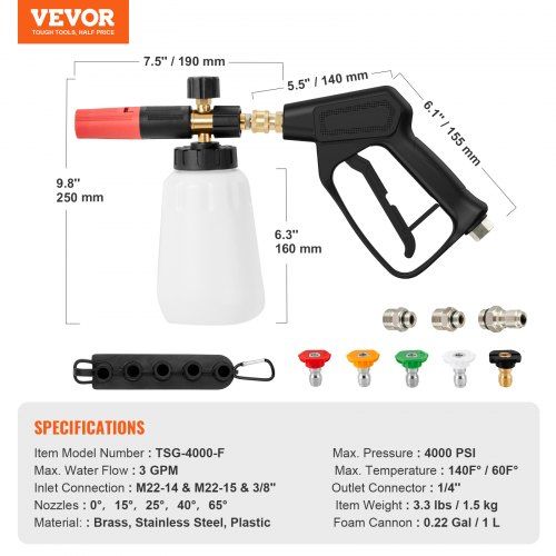 Pulverizador de espuma, pressão máx 4000 PSI, M22-14/15, bicos 0°-65°