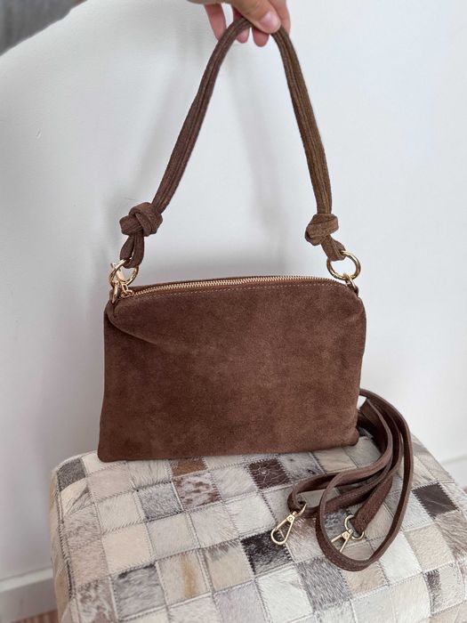 PIĘKNA brązowa zamszowa torebka Laura Biaggi Made In Italy 100% skóra