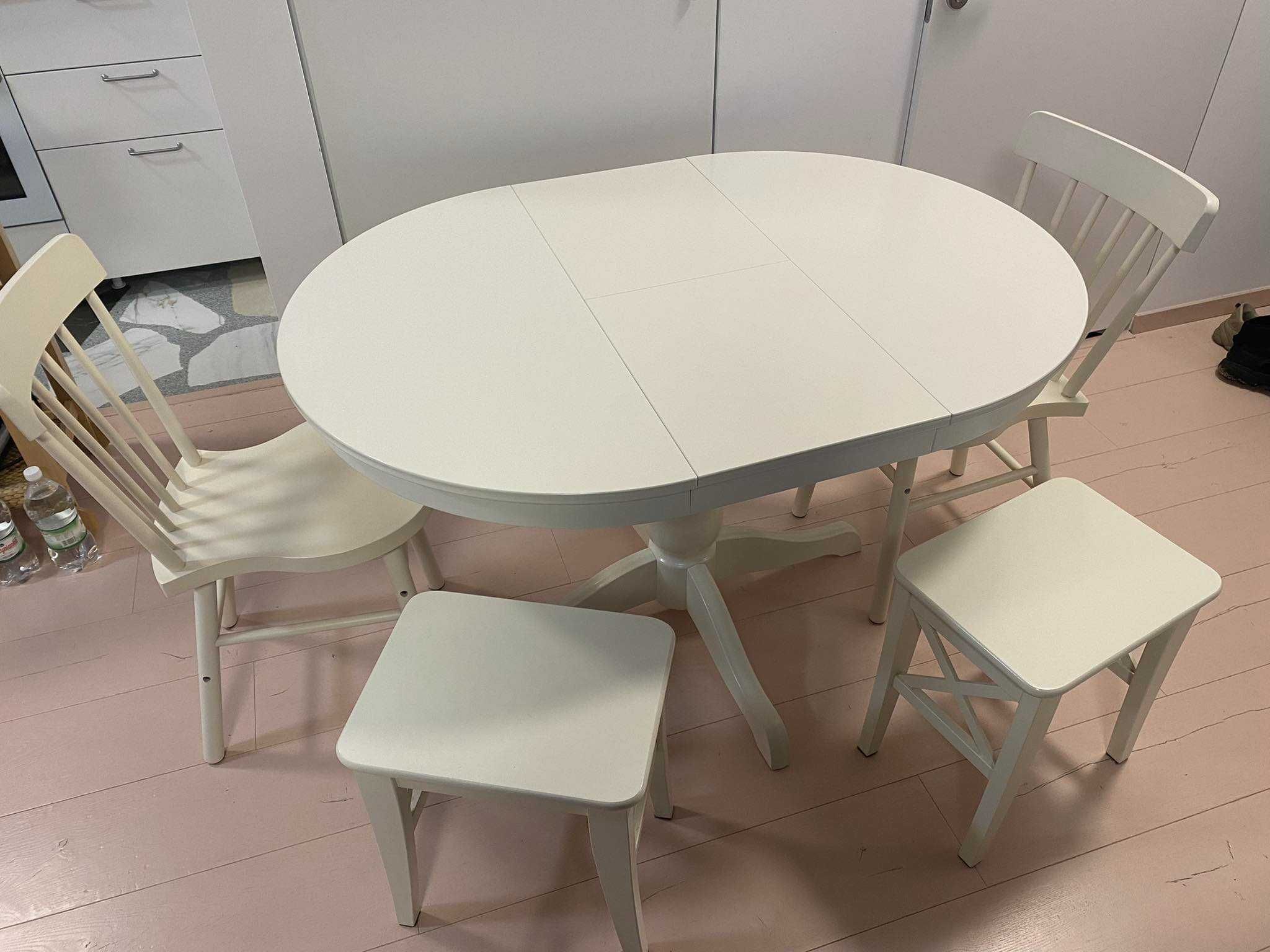Rozkładany okrągły stół + 2 krzesła + 2 taborety
