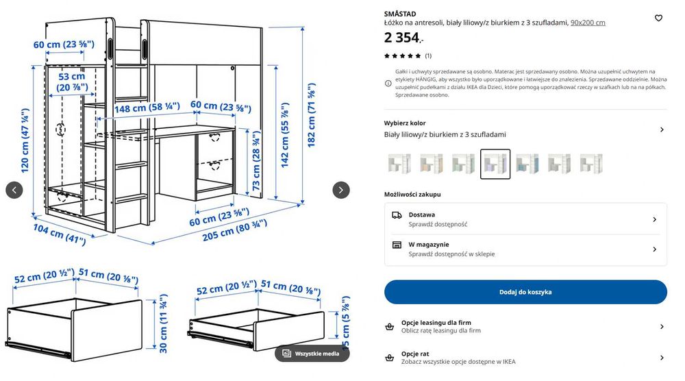 Łóżko na antresoli 90x200 cm IKEA SMÅSTAD