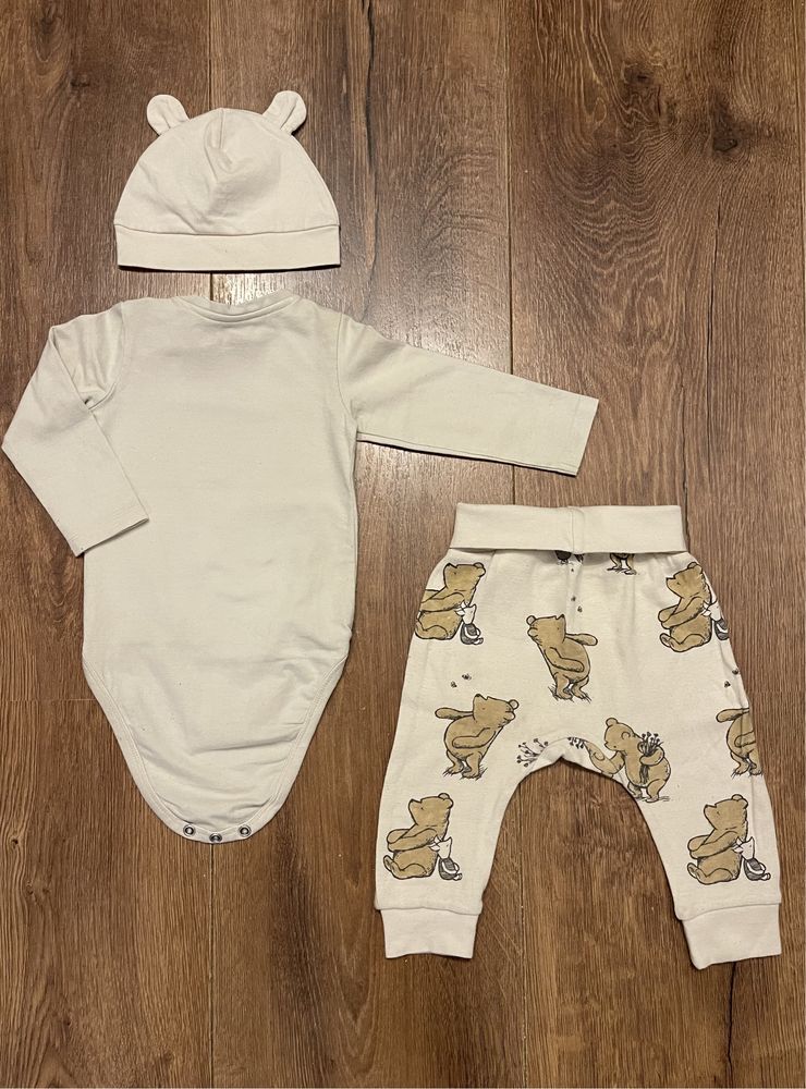 Body niemowlęce, spodnie legginsy półśpiochy i czapka H&M r. 68