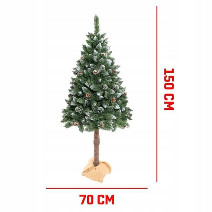 Choinka na pniu sztuczna jak żywa gęsta zielona ośnieżona 150 cm