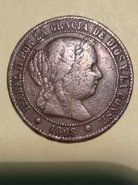Moeda de dois cêntimos e meio de escudo 1868 Espanha