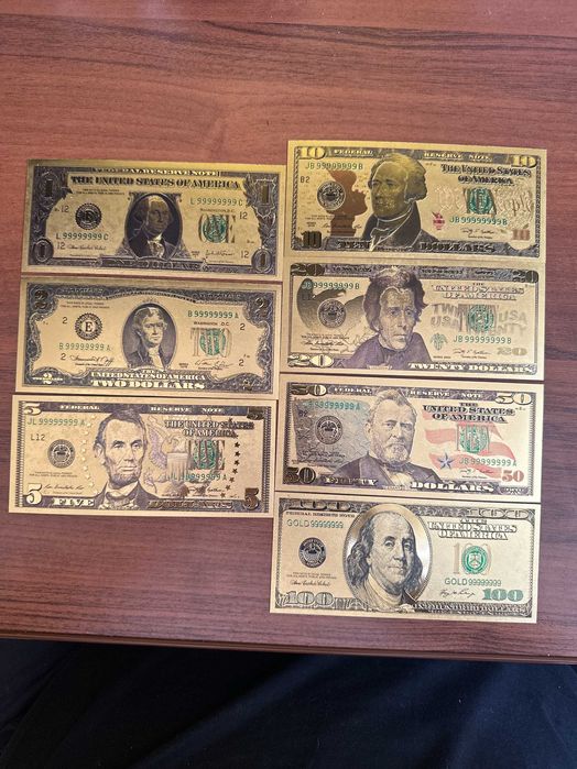 Banknoty DOLARY USD złocone kopie 24k 7szt KOMPLET