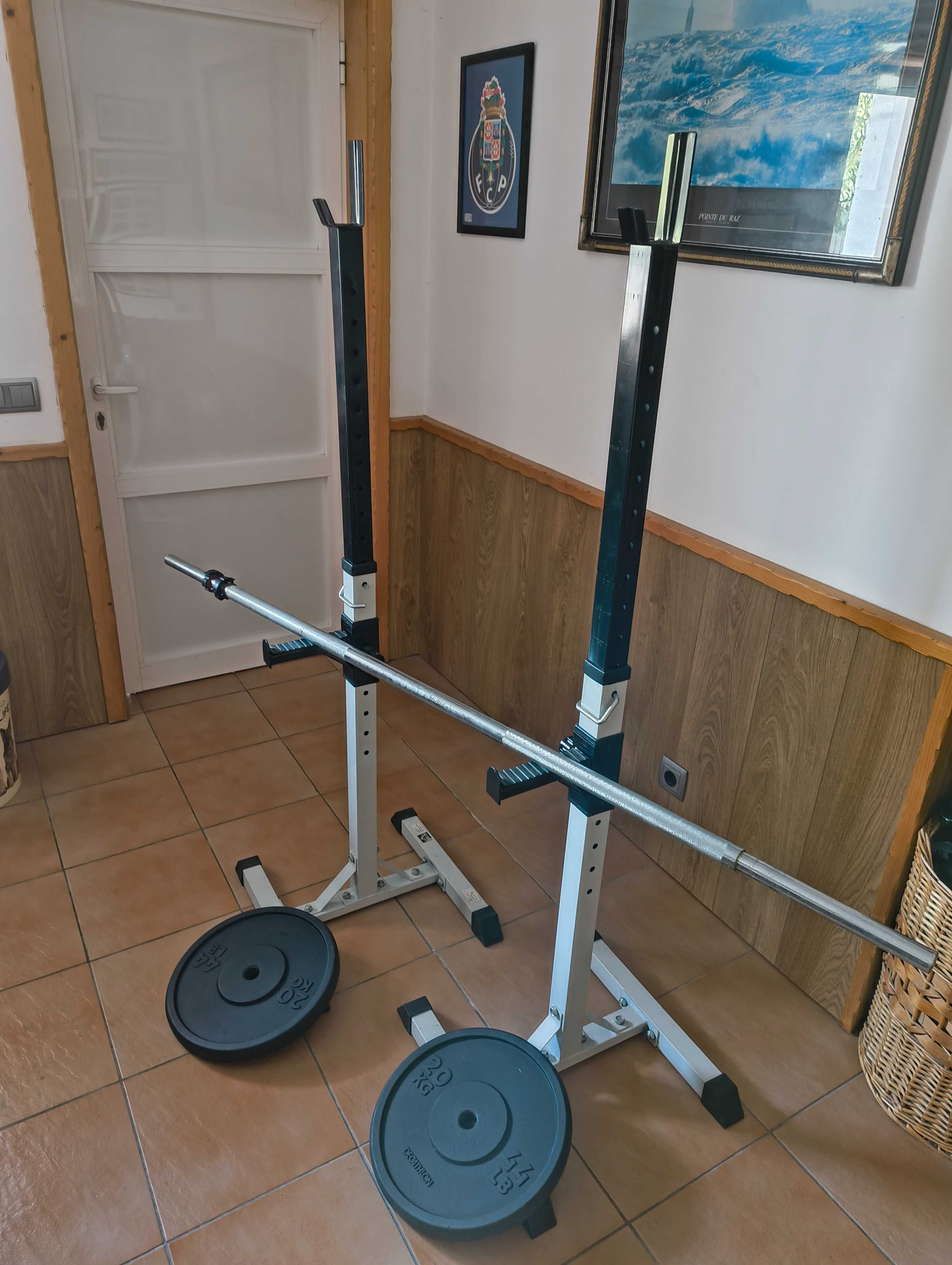 Kit musculação: Rack + barra + discos