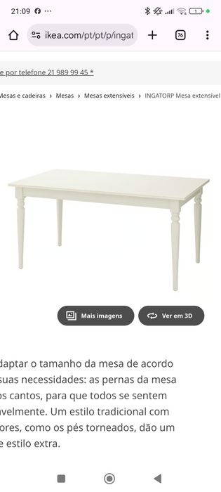 Mesa grande extensível branca ingatorp 155/215cm