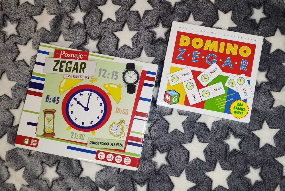 Dwie gry planszowe do nauki zegara "Poznaję zegar" i "Domino zegar"