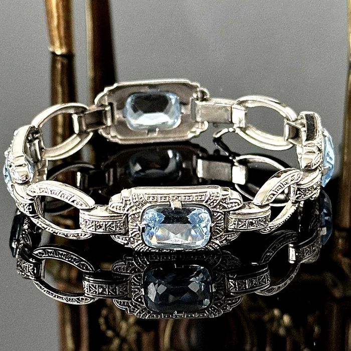 Srebrna bransoletka z Akwamarynami Art Deco z ok. 1920 roku, próba 800