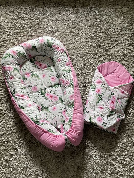 Komplet 3w1 kokon niemowlęcy rożek różowy Minky&Bawełna Kwiaty Babymam