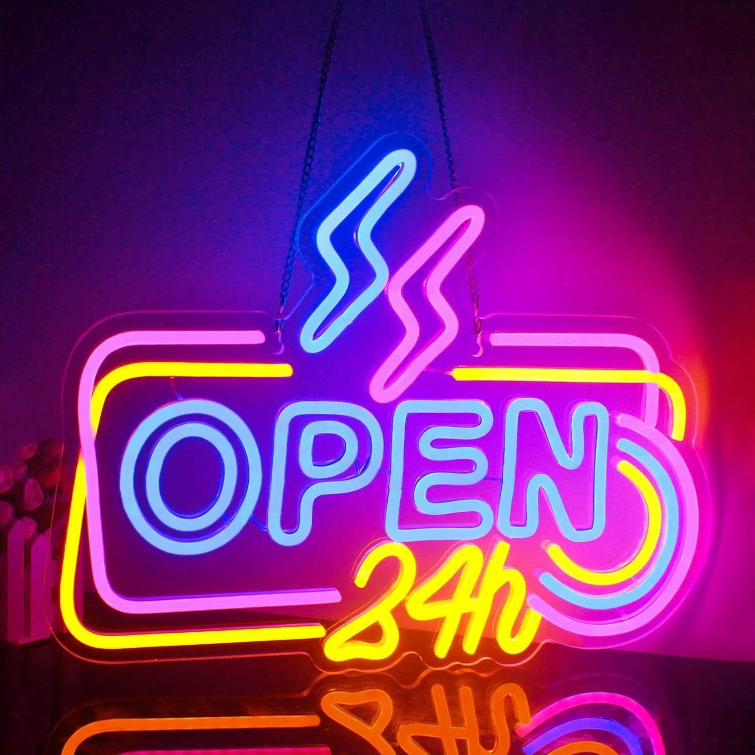 Sinal Luminoso Néon LED em Acrílico " OPEN 24h "