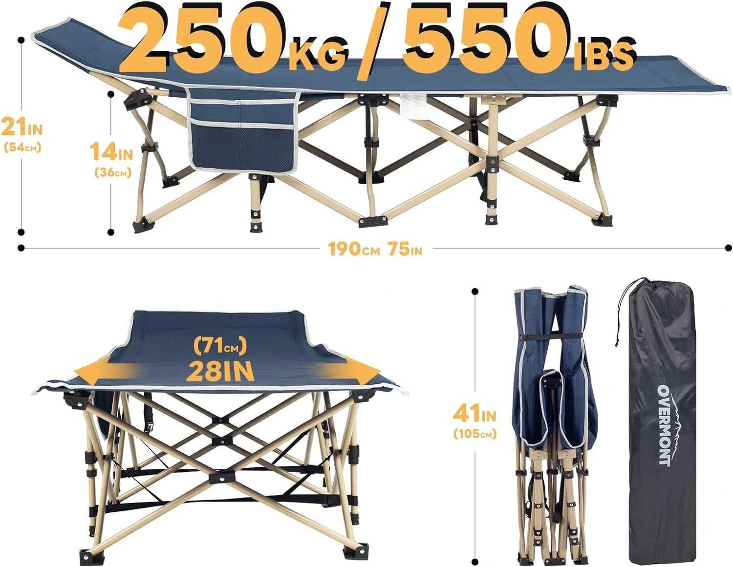 OVERMONT Składane łóżko polowe, kempingowe 190x71x36 cm, udźwig: 250kg