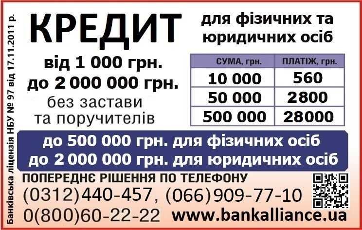 Кредит на будь-які цілі для фізичних осіб, підприємств та ФОП