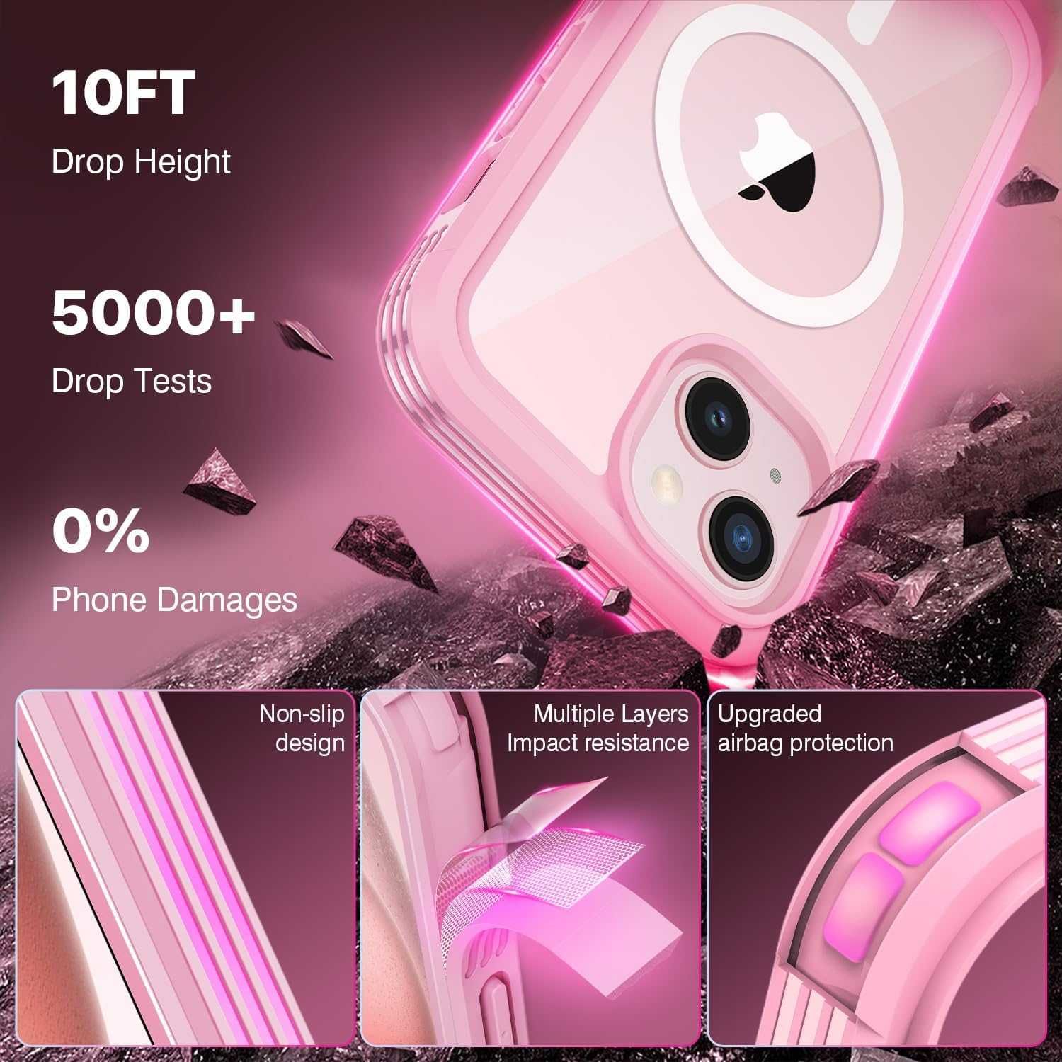CENHUFO etui iPhone 15 pancerne etui magsafe 360 szkło na aparat róż
