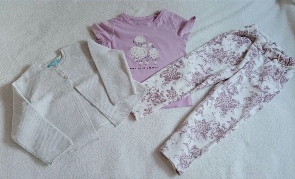 Zestaw - spodnie Newbie, sweterek Okaidi i t-shirt roz 92