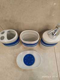4-czesciowy zestaw ceramiczny łazienkowy biało-niebieskie nowy