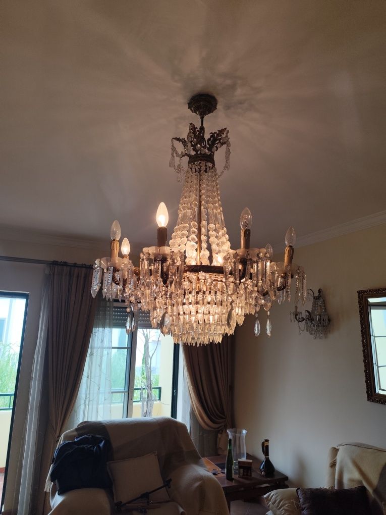 Par de Apliques de Parede + Candeeiro de Tecto em Cristal e Latão