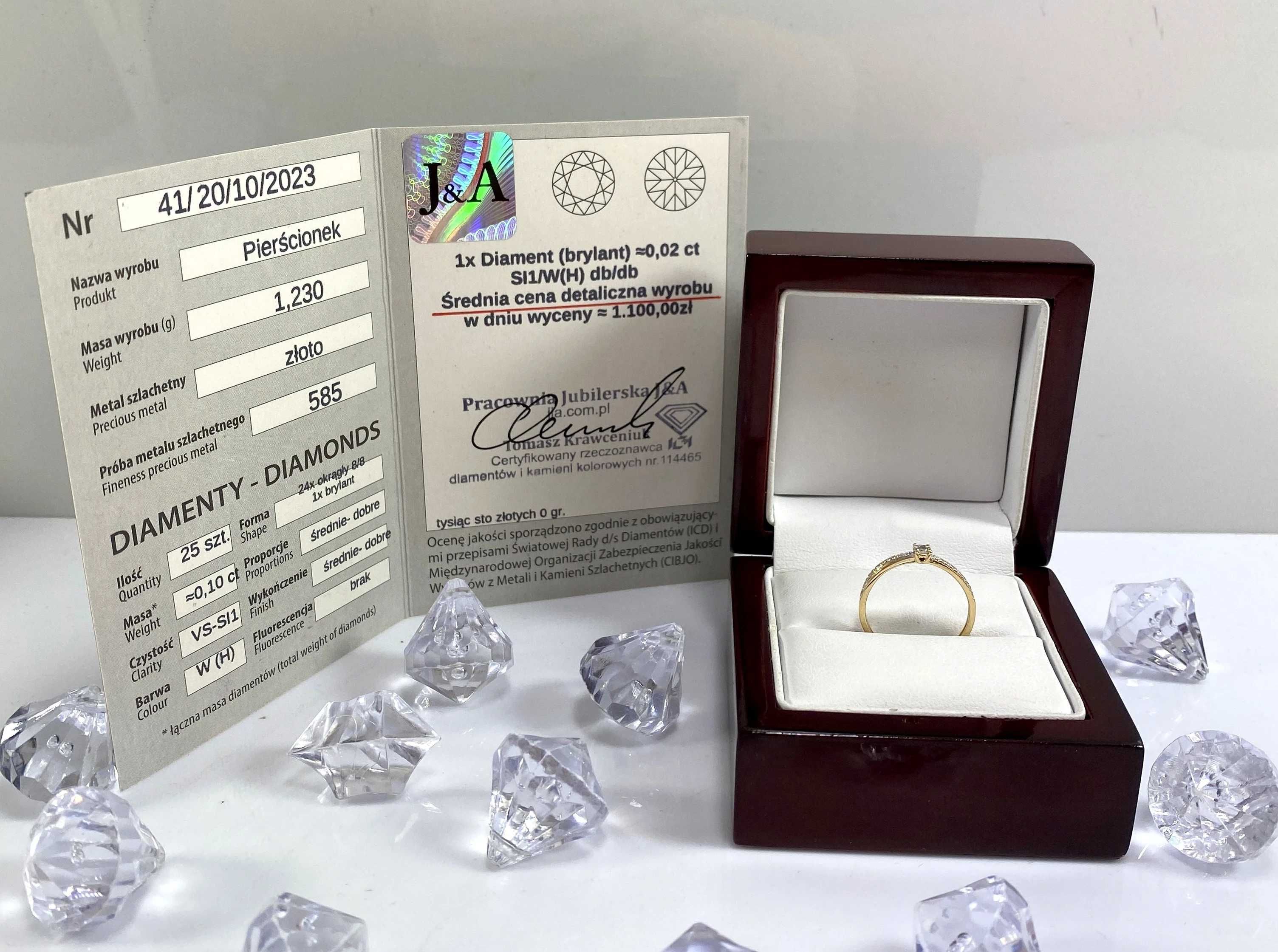 Złoty pierścionek 585 25 diamentów r13  1,23g 0,10ct