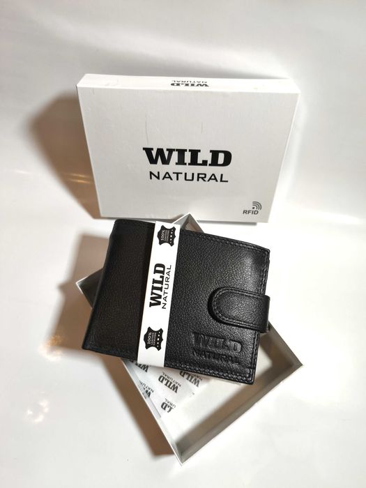 Czarny elegancki portfel męski w opakowaniu prezent stylowy