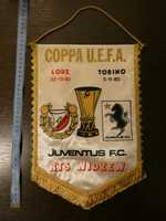 Oryginalny duży proporczyk Juventus - Widzew 1980 r.