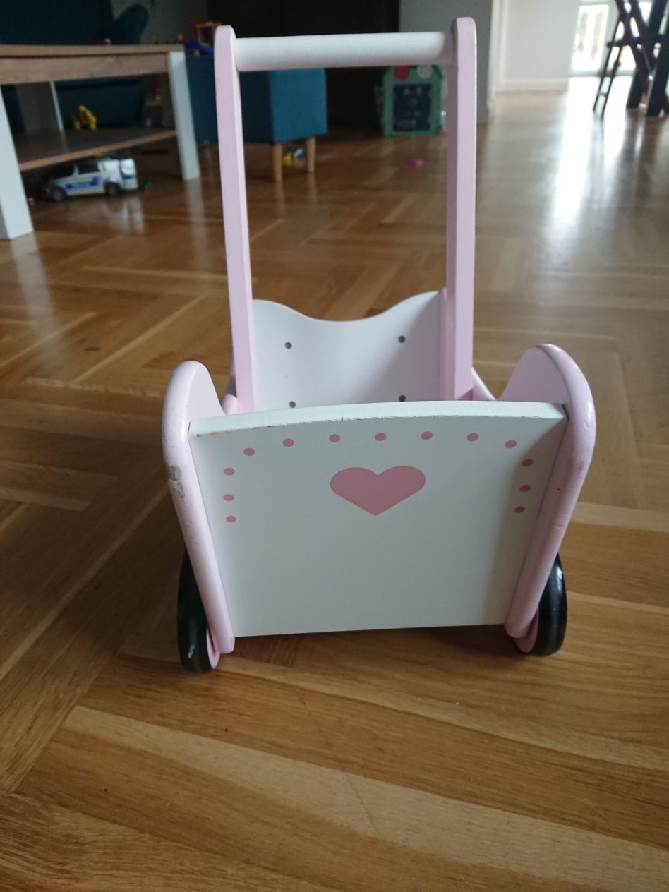 Drewniany wózek różowo-biały