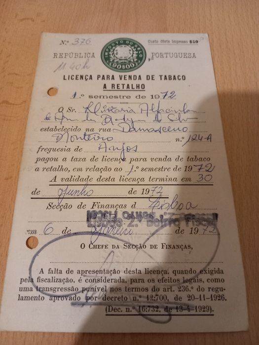 Licença antiga  para venda de tabaco
