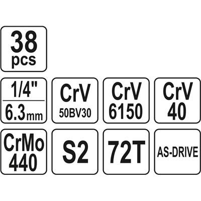 Klucze nasadowe 1/4" 3/8" 1/2" zestaw 38szt YATO