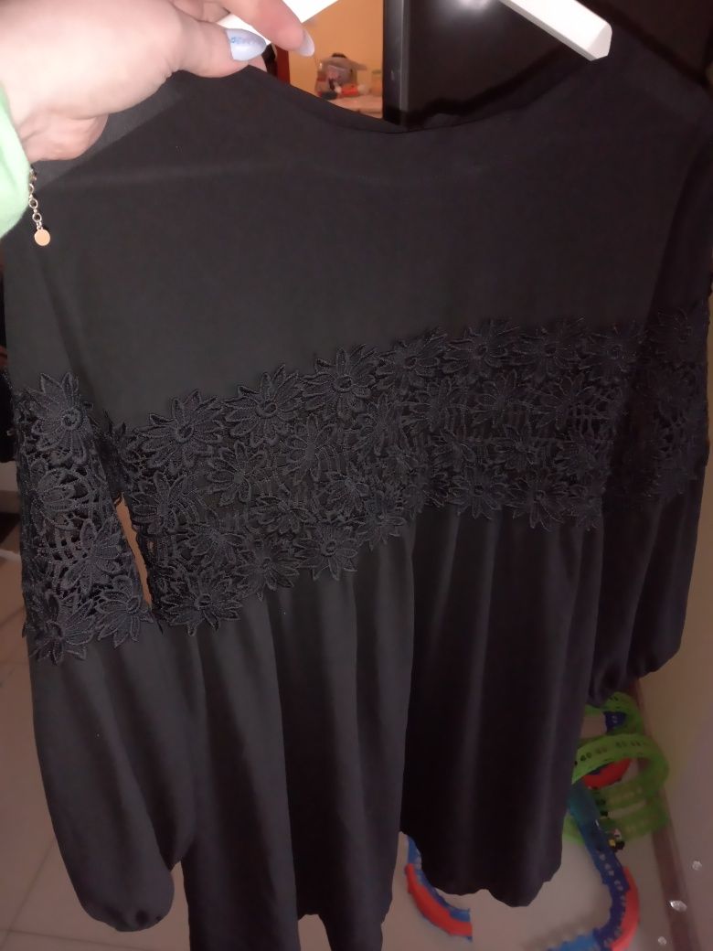 Piękna czarna tunika sukienka koronka haft Made in Italy