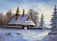 Obraz olejny na płótnie "Zimowa pasterka" 100x 60 cm