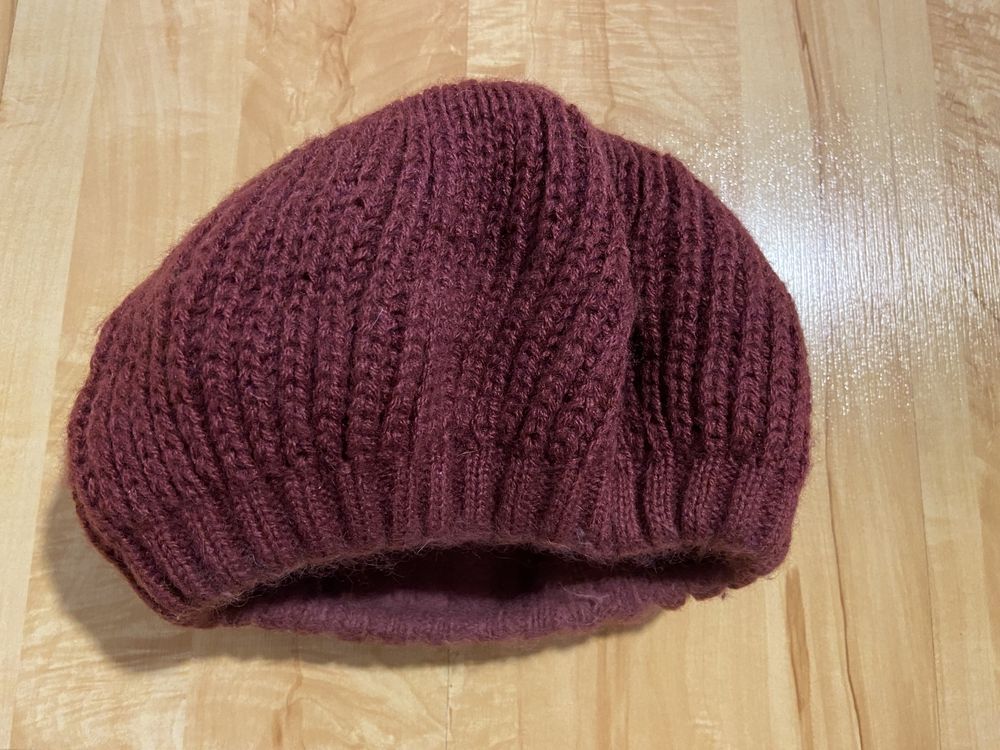 Moherowy beret ocieplany bordowy ciepły zima Vintage