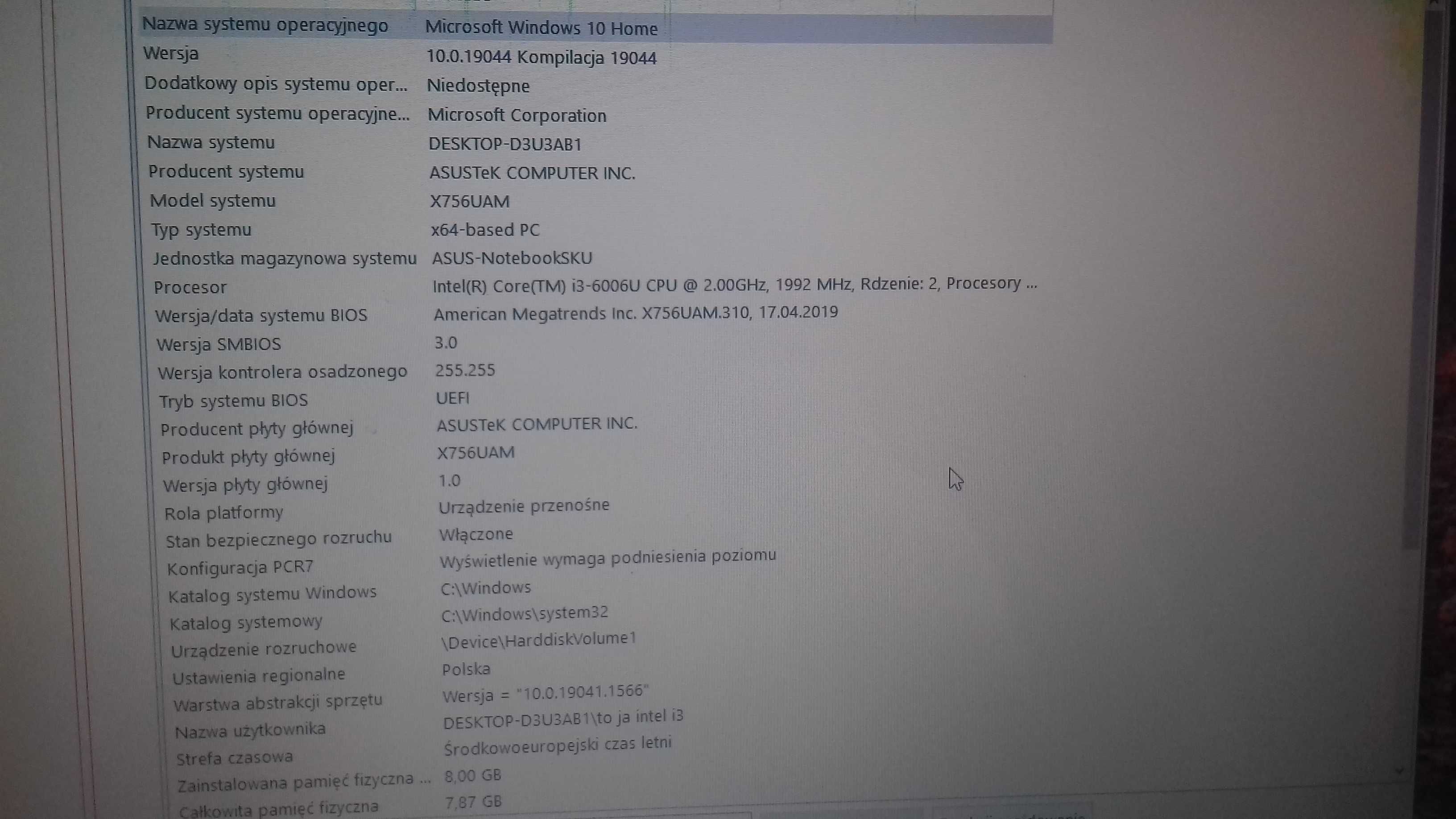 sprzedam asus f756u intel core i3 -6006u-6gen  cpu 2,00ghz,ssd128g,4gb