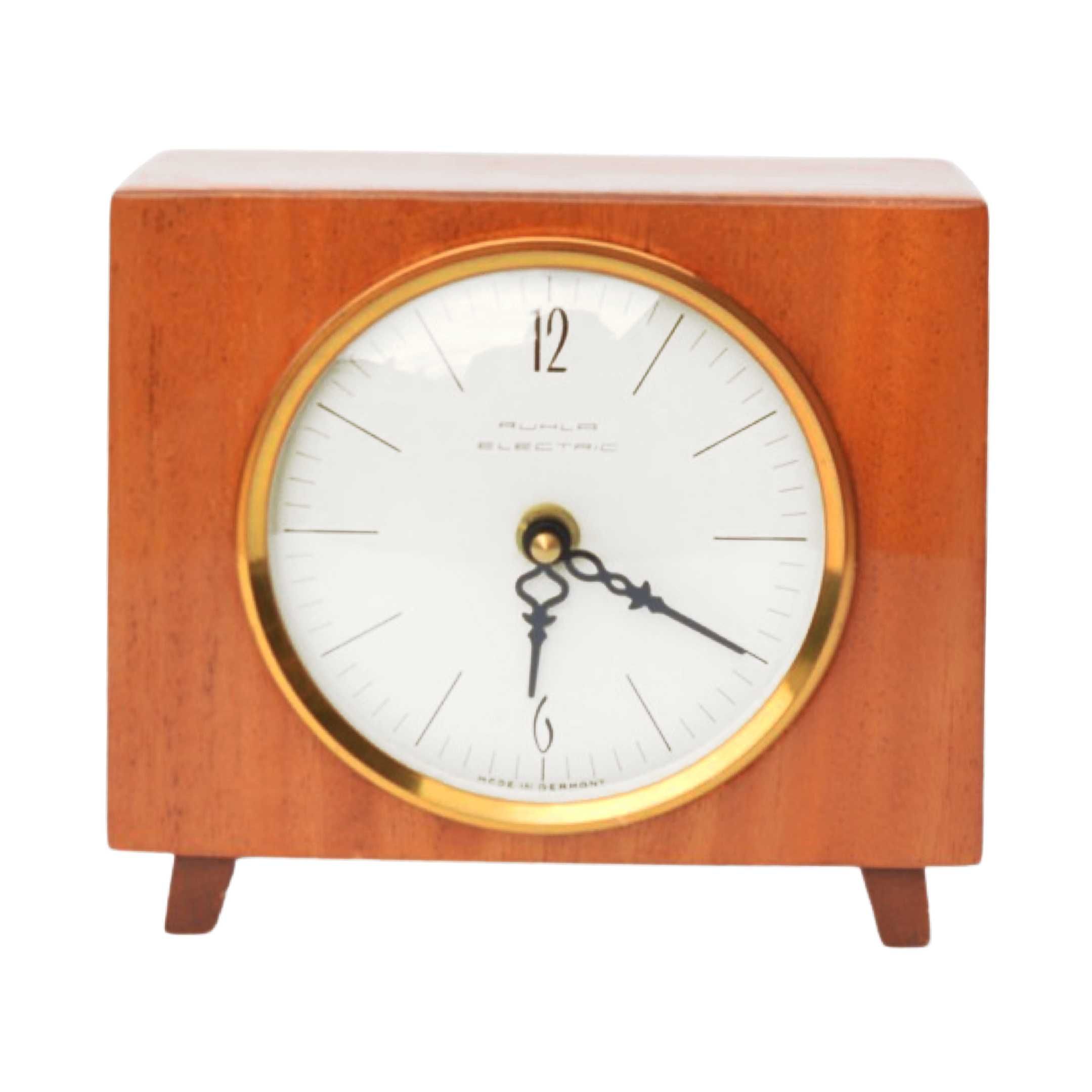 Drewniany zegar kominkowy Ruhla mid-century modern, Niemcy lata 70.