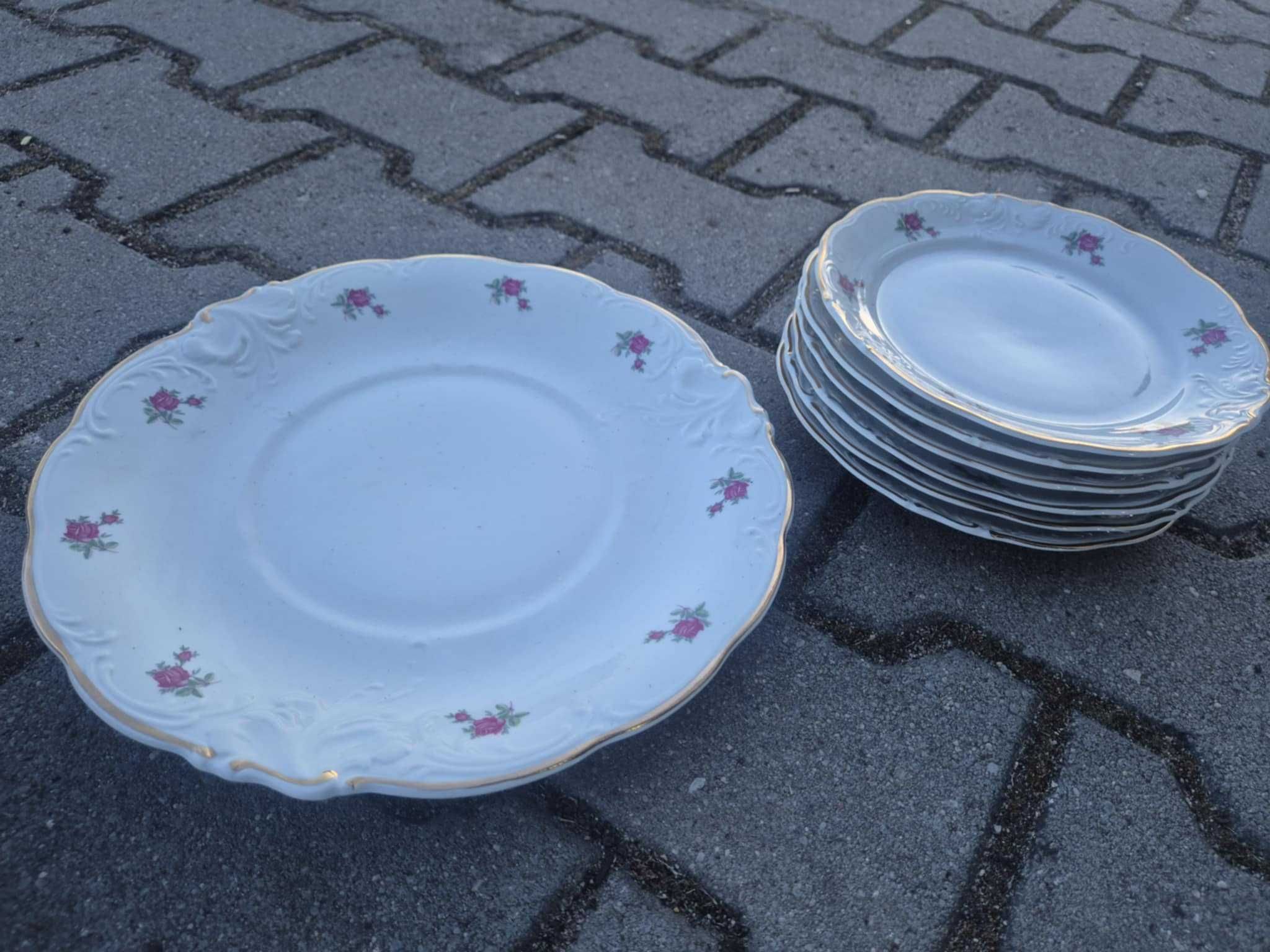 Komplet porcelany Wałbrzych PRL 6+1 pozłacane ranty motyw kwiatowy