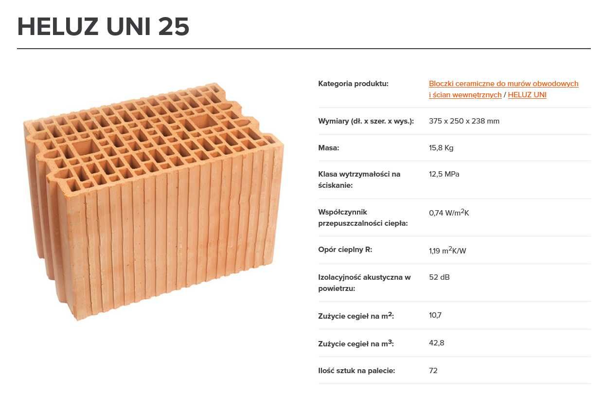 Pustak ceramiczny szlifowany Heluz Uni 25 P+W,Porotherm 25-na cały dom