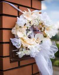 Ozdoba dekoracja drzwi ślub wianek tiul kwiatki