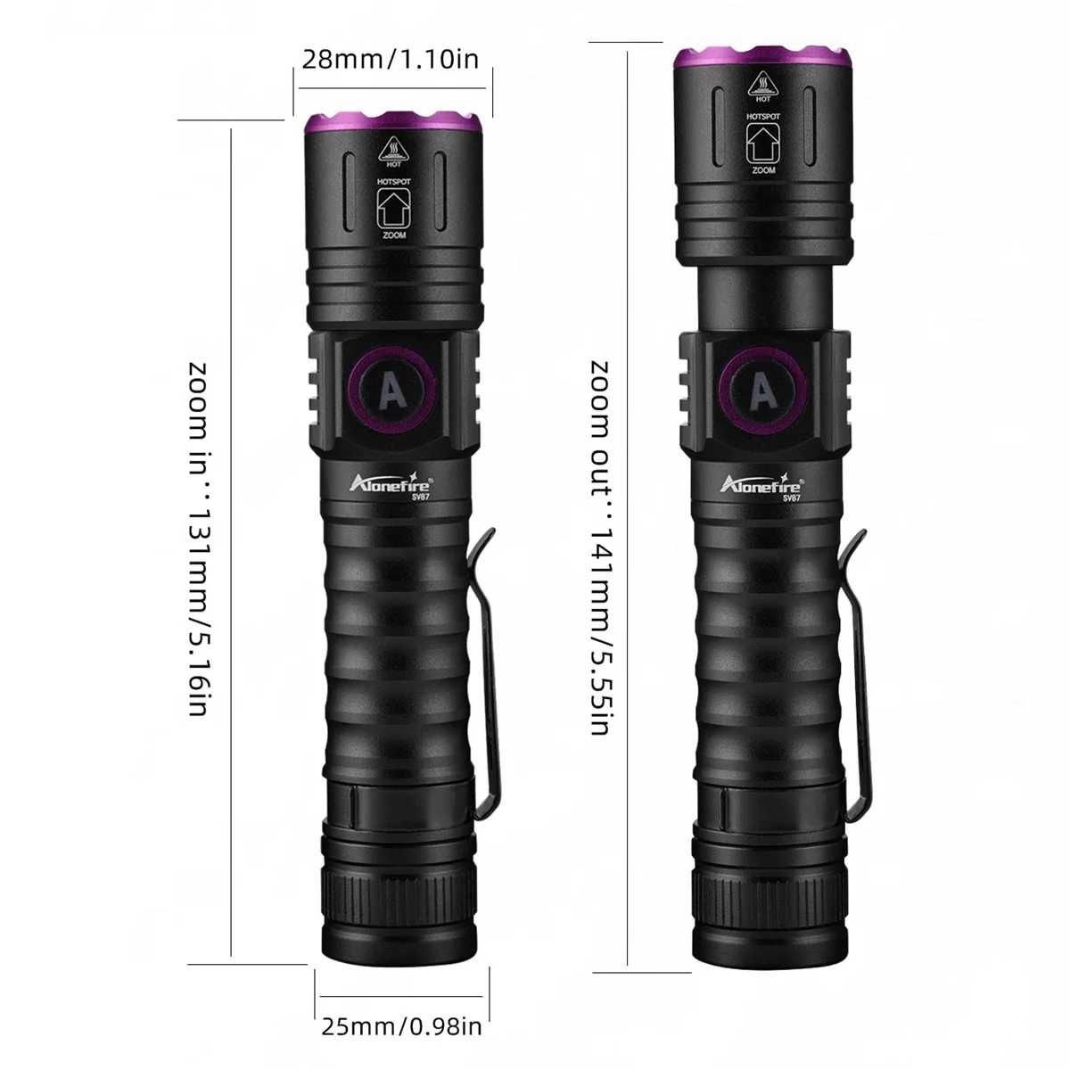 Latarka UV AloneFire SV87 395nm zoom z baterią 18650