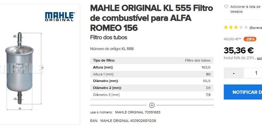 MAHLE ORIGINAL KL 555 Filtro de combustível para ALFA ROMEO 156