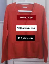 XS S M oversize koralowy ceglasty sweter rozpinany wełniany wiosna