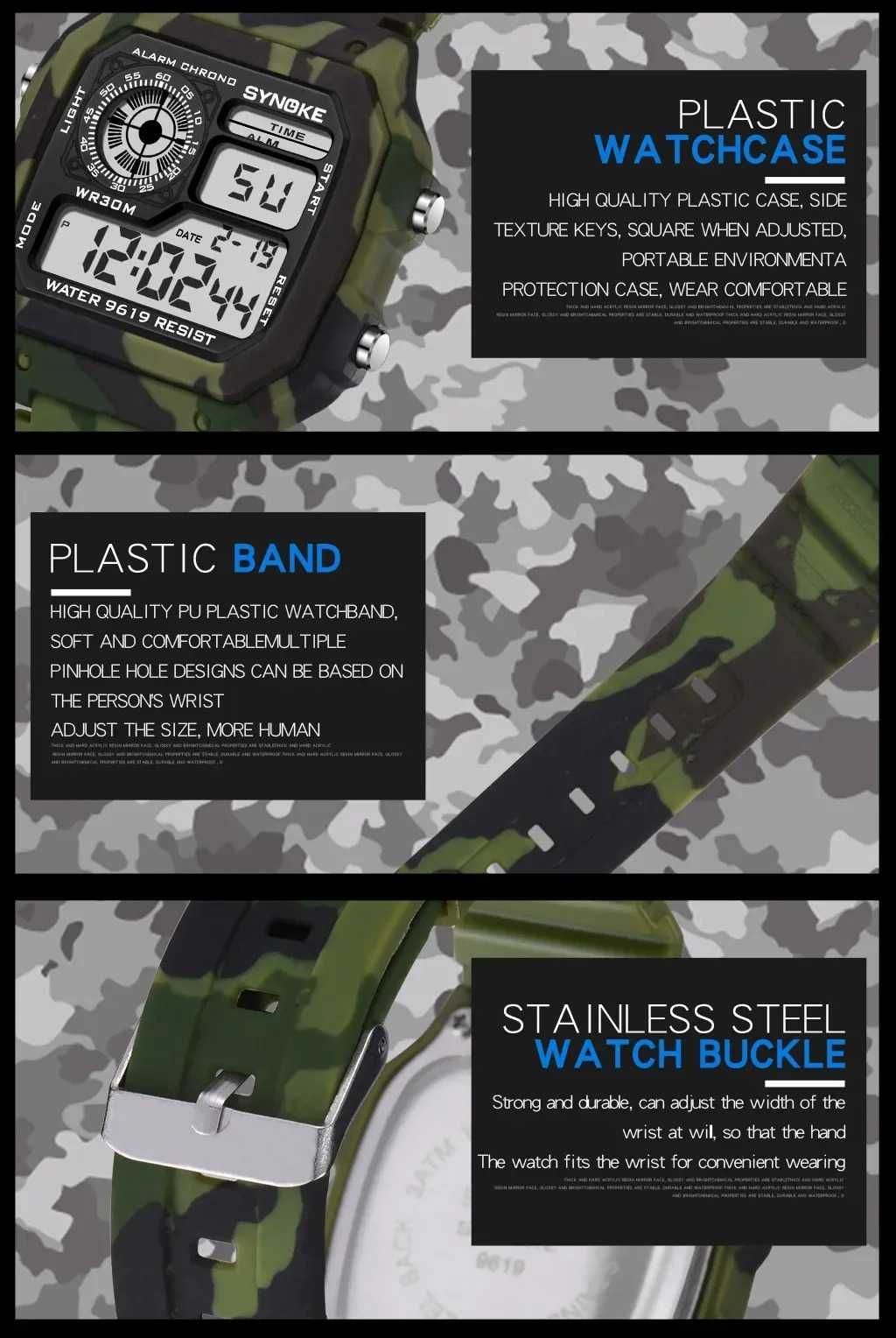 Zegarek militarny camo kamuflaż zielony elektorniczny cyfrowy męski