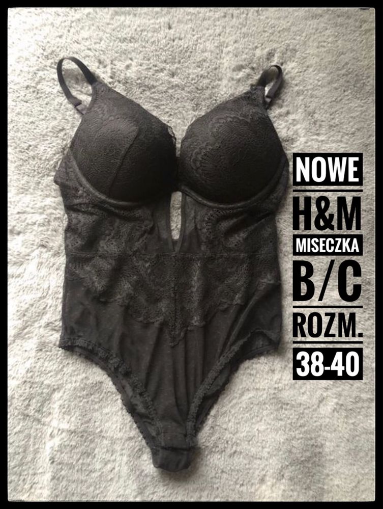 289. Nowe. Koronkowe body super push-up H&M czarne. Miseczka C/B