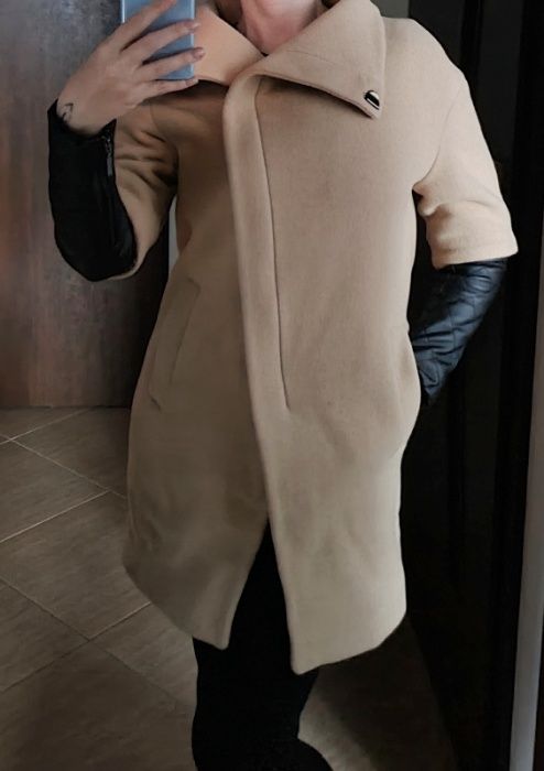 ZARA PŁASZCZ Skórzane Pikowane rękawy beżowy carmelowy 34 xs