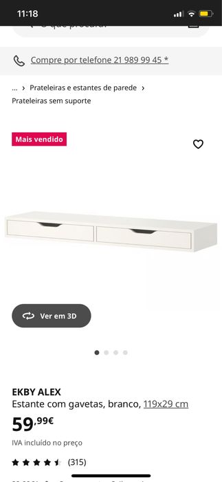 Estante de parede com 2 gavetas