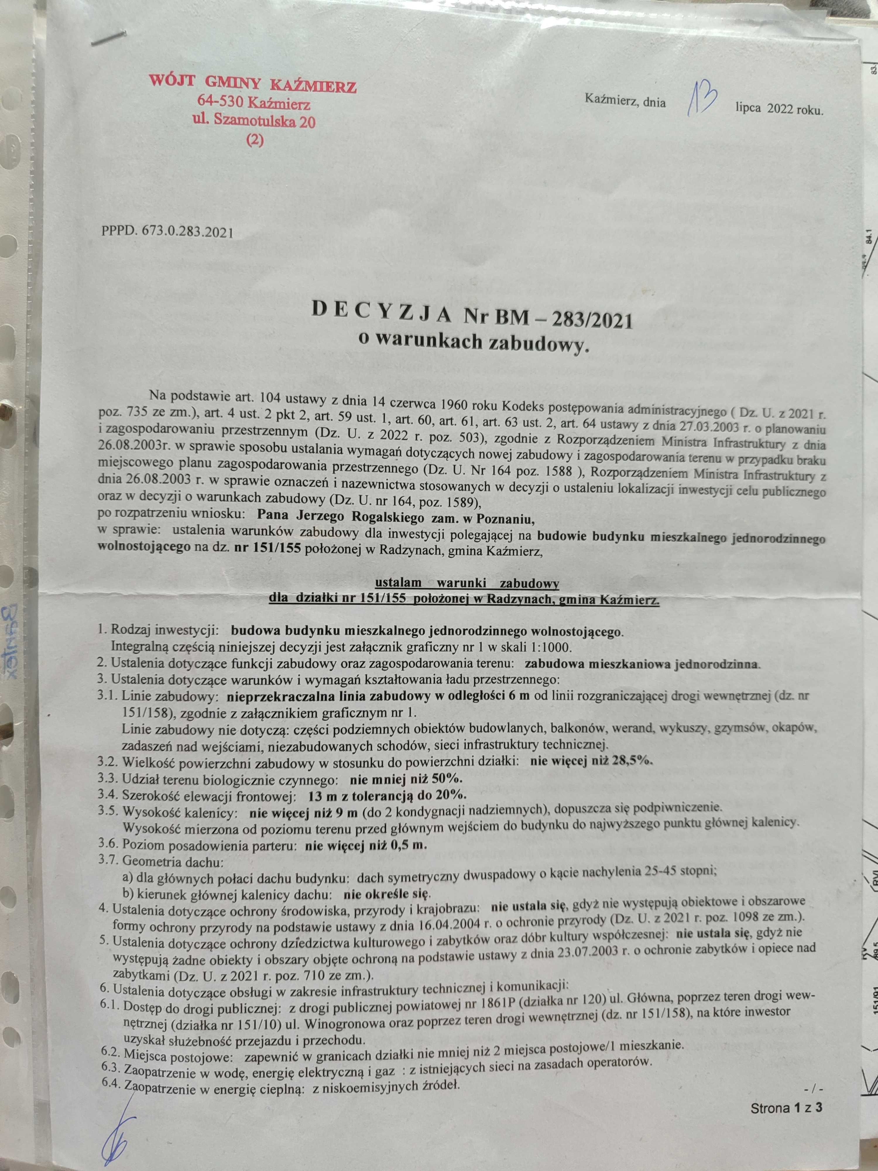 Działka budowlana z pozwoleniem na budowę Radzyny blisko Kaźmierza