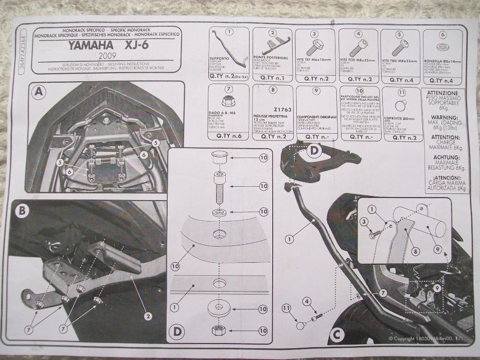 364FZ XJ6 600 (09>15)/XJ6 Diversion F600 YAMAHA GIVI stelaż centralny
