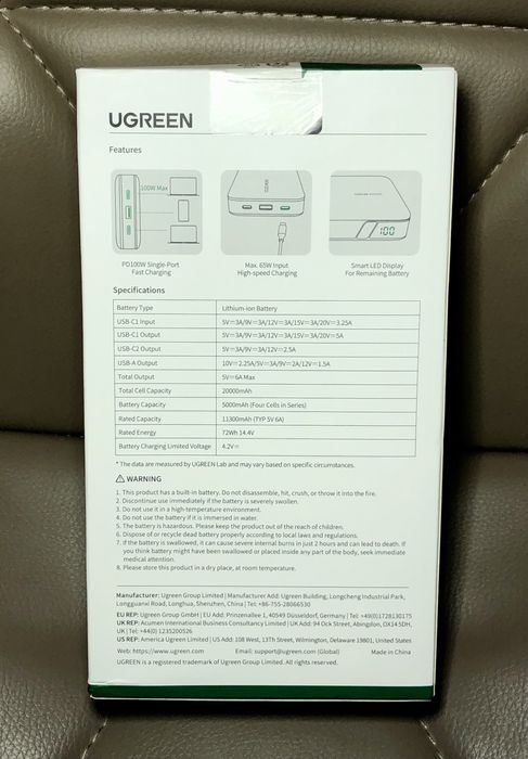 PowerBank UGREEN 100W на 20000mAh. Павербанк оригінал, новий PB720