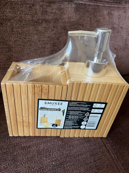 Bambusowy zestaw łazienkowy dozownik na mydło i na szczoteczki smukee