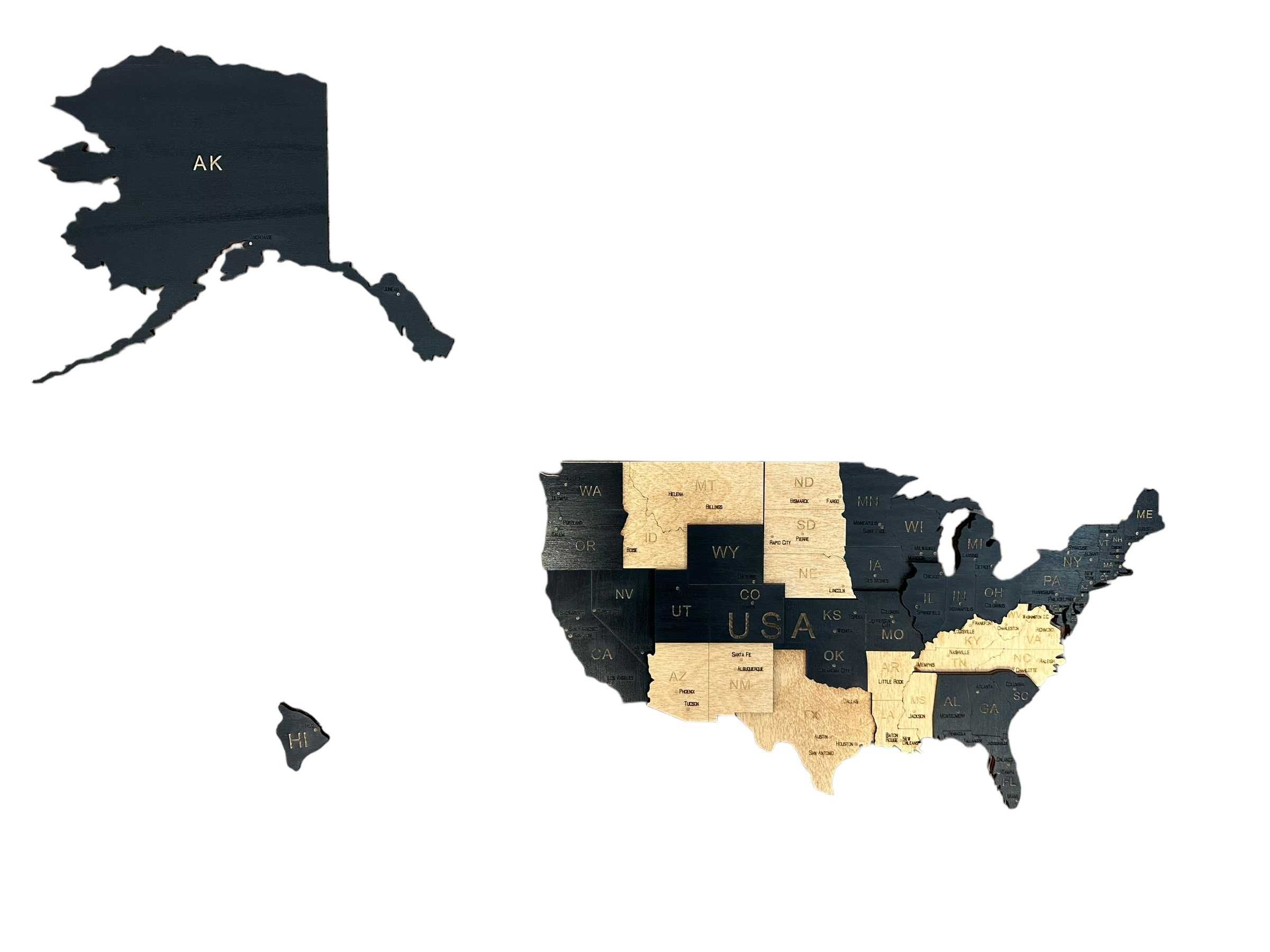 Mapa 3D drewniana USA -2kolory, 86cm Stany Zjednoczone, prezent U.S.A.