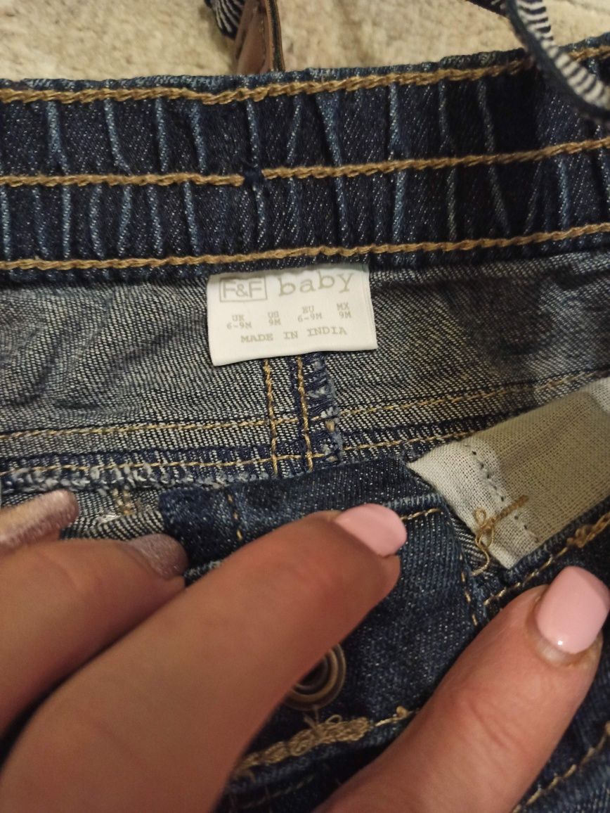 Spodnie jeansy granatowe z szelkami F&F na sesję święta rozmiar 6-9 mi