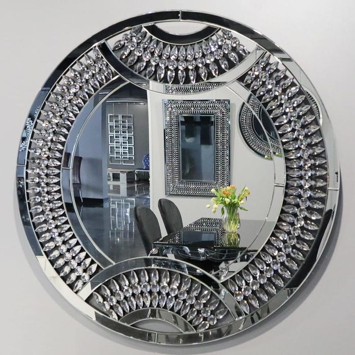 Srebrne lustro glamour ścienne wiszące śr.90cm M-0536