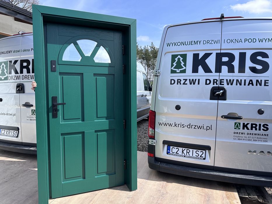 Drzwi wejściowe zewnętrzne drewniane zielone Na Wymiar Montaż Polska